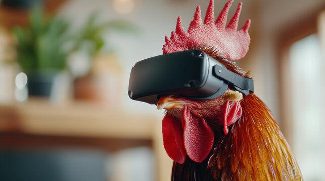 Chicken wearing virtual reality headset in a cozy home setting
