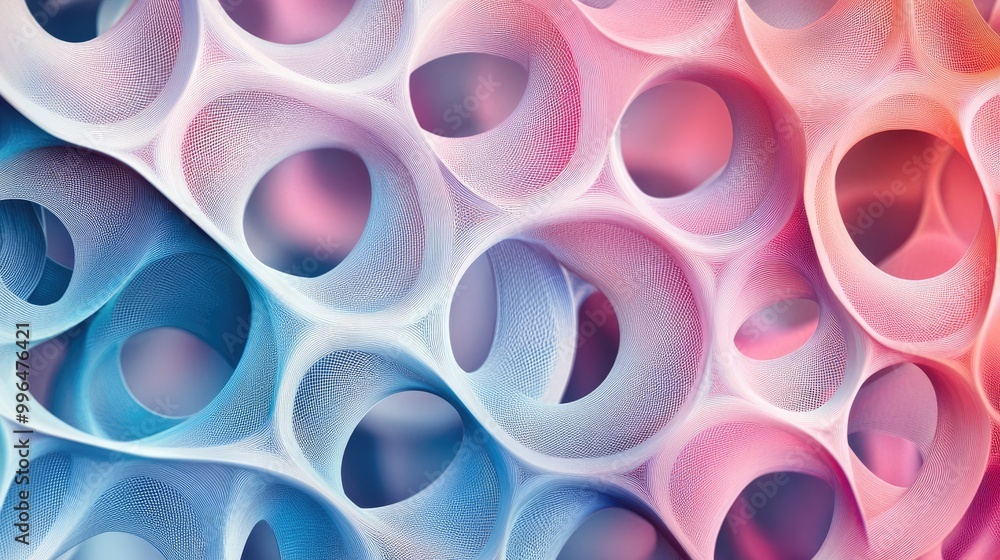 Poster intricate abstract pattern of interlocking circles, subtle gradient colors, and soft shadows.