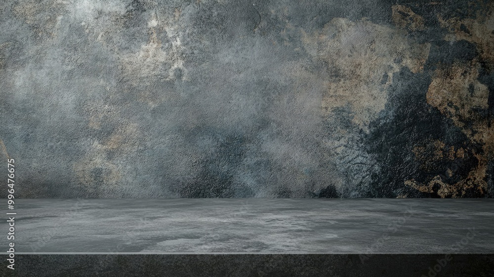 Poster top view of a gray table against a backdrop of an empty aged wall with stains and a dark concrete fl