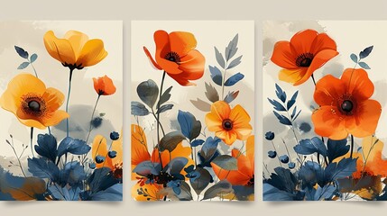 Poster with flowers. Greeting and invitation postcard template. Minimalistic abstract creativity and art. Bloom and blossom plants. Flyer, booklet and leaflet. Flat vector illustration