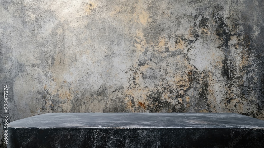 Aufkleber top view of a gray table against a backdrop of an empty aged wall with stains and a dark concrete fl