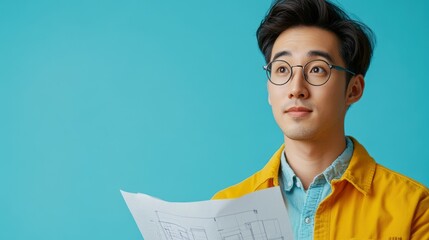 Diligent Asian Architect Examining Blueprints in Calm Setting