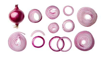 Set of red onion whole bulbs and pieces isolated on transparent background,Set of red onion slices,top view,Fresh red onion and cut in various size,png,Sliced red onions png,full depth of field,Ai