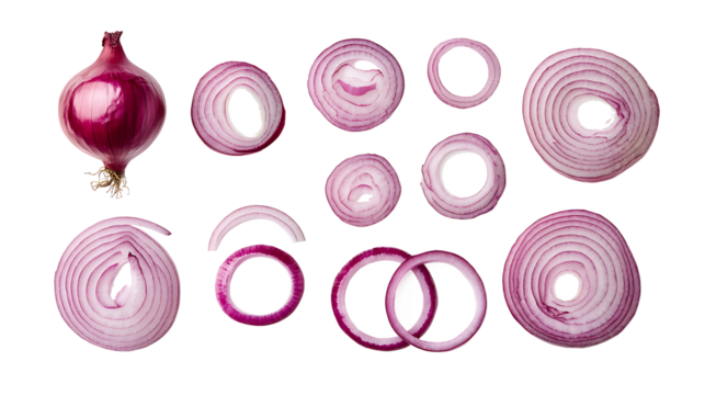 Set of red onion whole bulbs and pieces isolated on transparent background,Set of red onion slices,top view,Fresh red onion and cut in various size,png,Sliced red onions png,full depth of field,Ai