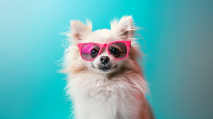 Cute pomeranian or chihuahua in front of a colorful background