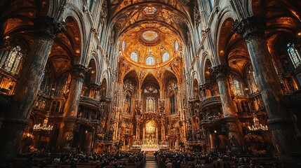 Interior of grand cathedral with soaring vaulted ceilings detailed frescos and intricate stonework