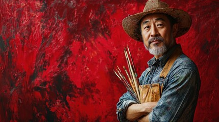 Obraz premium Portrait of a passionate Asian artist mid-brushstroke on a rich, crimson background with free copy space