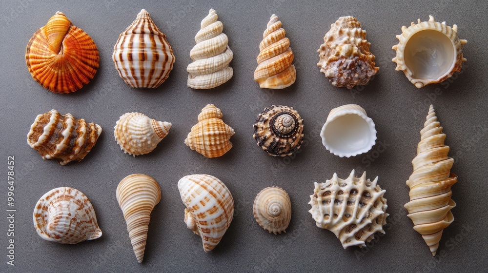 Poster assorted seashells arranged on a grey background