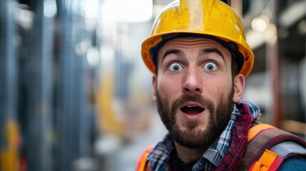 Portrait of a construction worker with a surprised expression on a rugged industrial background