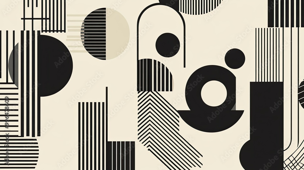 Poster minimalist abstract pattern with simple lines and geometric shapes in monochromatic tones, sleek and