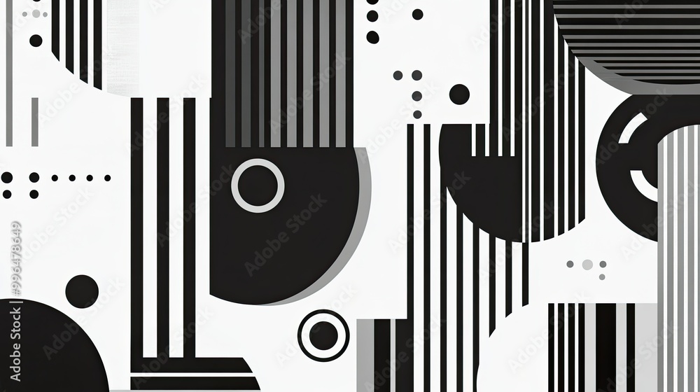 Poster minimalist abstract pattern with simple lines and geometric shapes in monochromatic tones, sleek and