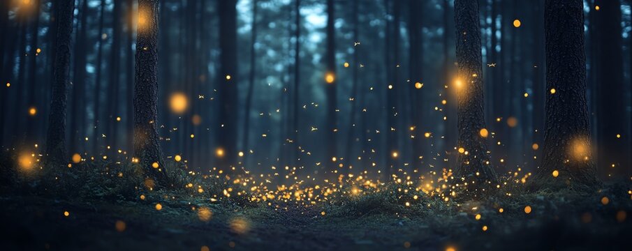 Magical forest illuminated by numerous glowing fireflies at dusk, creating an enchanting and mystical atmosphere with a backdrop of tall trees.
