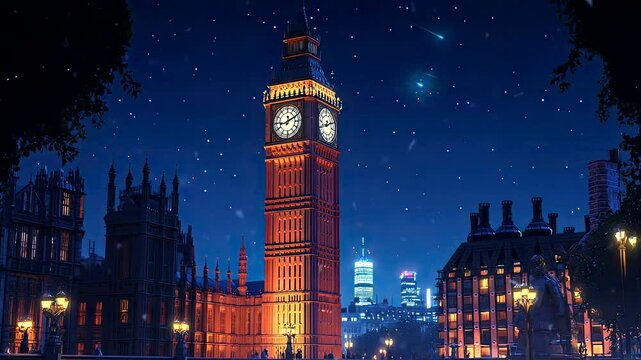 Big Ben illuminated at night with a starry sky in the background. Seamless looping 4K video background