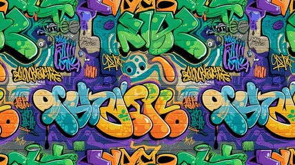 Lively Graffiti Patterns of Abstract Swirls, Funky Characters, and Vibrant Colors on a Weathered Brick Canvas