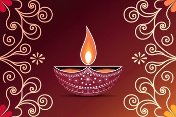 Vibrant Decorative Diya with Flame on Rich Red Background - Perfect for Diwali Marketing Materials, Greeting Cards, and Event Promotions