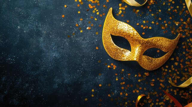 Bright yellow masquerade mask on a dark backdrop adorned with confetti Modern color theme with ample creative space