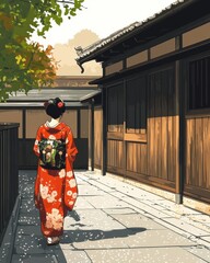 Minimalist Illustration of Kyoto’s Gion District with Geisha and Teahouse

