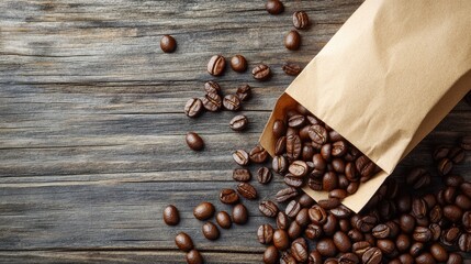 Brown paper coffee bag packaging displayed on a wooden surface alongside scattered coffee beans