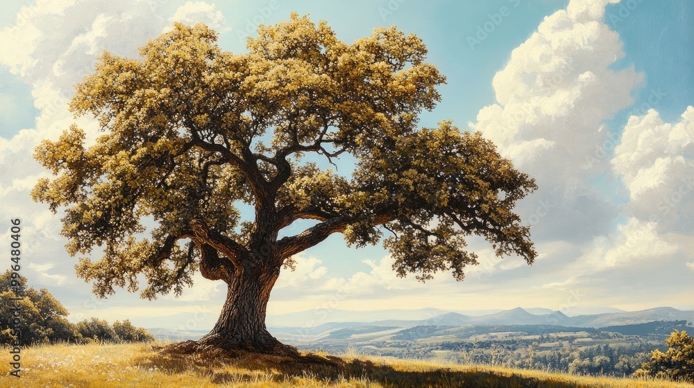 Poster enduring oak a realistic representation of resilience in serene color tones