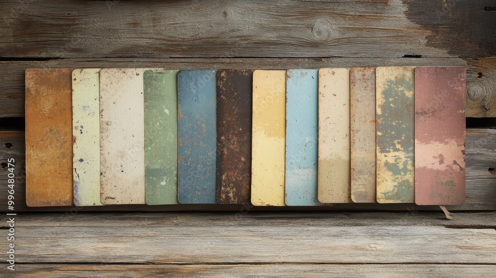 Poster a vintage sticker mockup displayed on rustic wooden planks showcases an array of textures and soft c