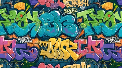 Lively Graffiti Patterns of Abstract Swirls, Funky Characters, and Vibrant Colors on a Weathered Brick Canvas