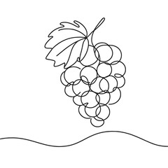 A single line drawing of a grape with a leaf on top. The grape is surrounded by a circle of grapes
