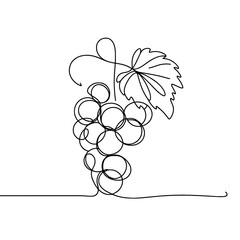 A single line drawing of a bunch of grapes with a leaf on top. The grapes are in a bunch and are all different sizes