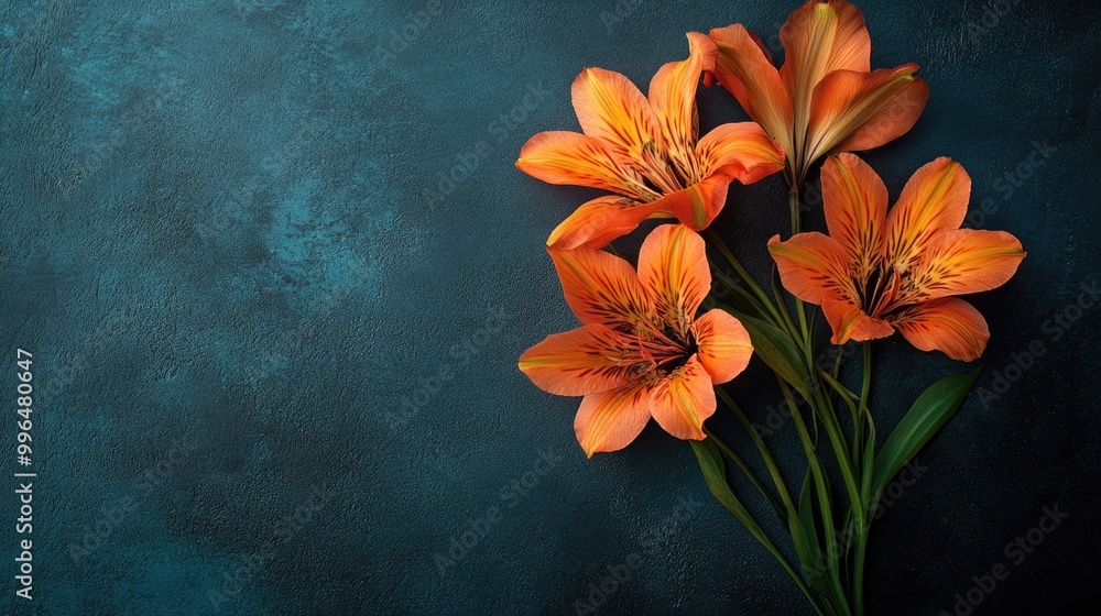 Poster orange flower arrangement on a dark backdrop with space for images and text