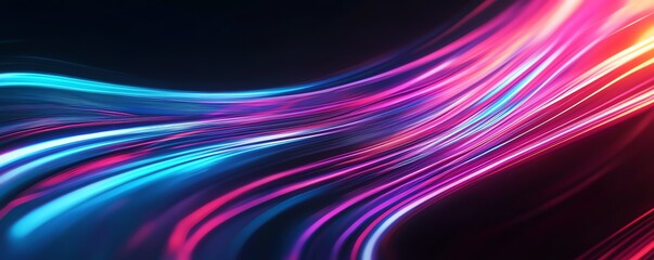 Fototapeta premium Vibrant abstract light trails with neon colors on a dark background, creating a dynamic and futuristic visual effect.