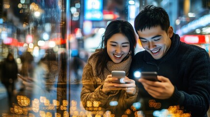 A couple is looking at their cell phones in a city street