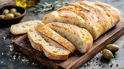 Naklejka premium Freshly baked bread sliced on a wooden board, accompanied by olives and olive oil.