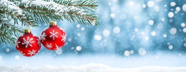 An amazing snow forest background, surrounded by beautiful red christmas trees and red balls
