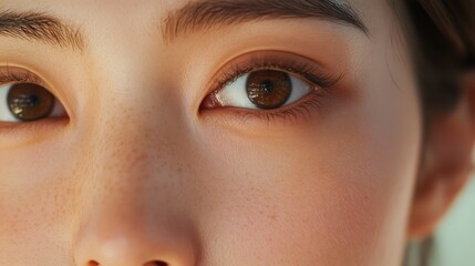 Obraz premium A Korean woman’s face is captured in extreme close-up, emphasizing the fine texture of her skin and the natural beauty of her features, showcasing captivating skin details