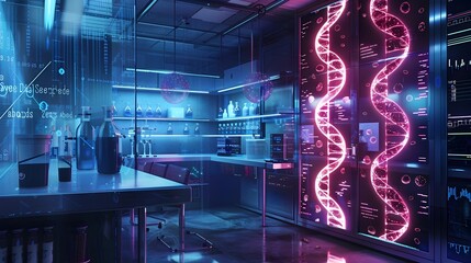 Futuristic Lab Where Scientists Design Synthetic Organisms with Holographic Interfaces Displaying Genetic Sequences