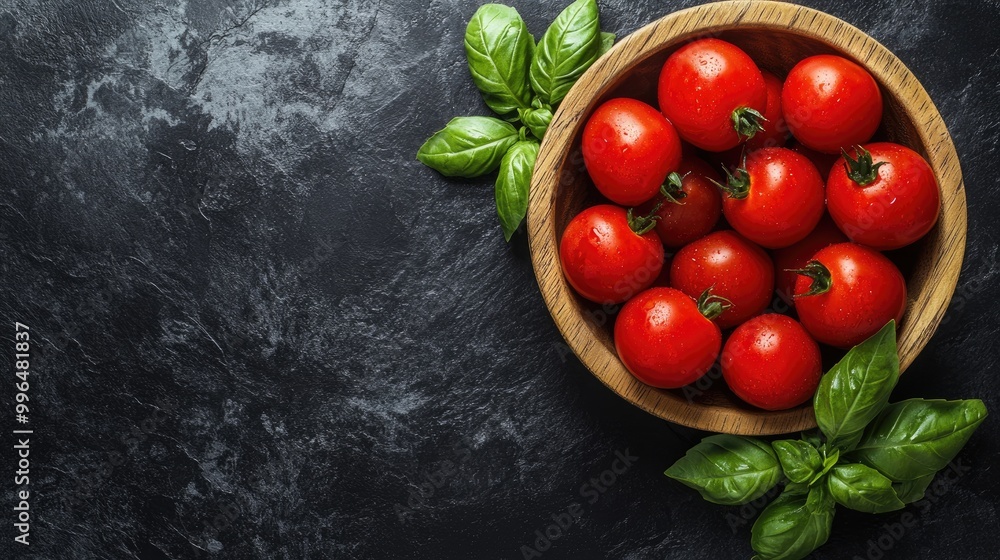 Aufkleber vibrant red tomatoes in a wooden bowl on a dark surface complemented by fresh basil appealing top vi
