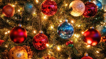 Festively decorated Christmas tree featuring vibrant baubles and sparkling lights