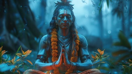 Fototapeta premium A serene figure embodies tranquility amid lush greenery, adorned with flowers and garlands, radiating spiritual calmness and enlightenment.