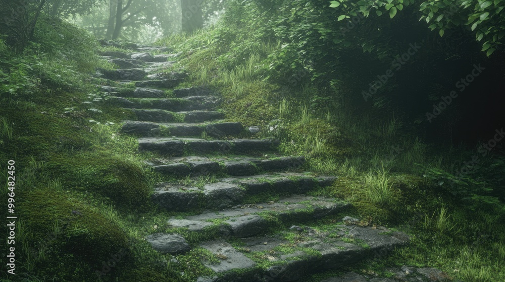Poster a weathered cobbled path and staircase covered with moss and grass nestled within a lush forest park
