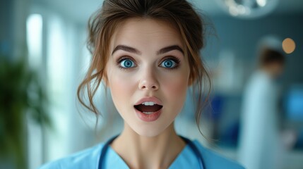 Portrait of a nurse with a surprised expression on a calm medical facility background