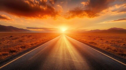 Straight road at sunset in a vast desert landscape