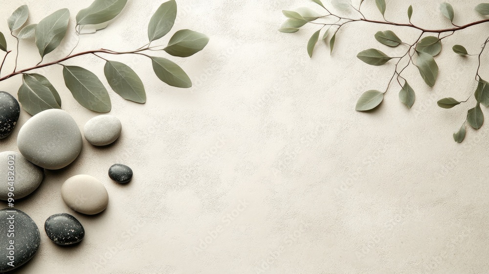 Poster botanical twig background delicate leaves and pebbles on a light surface with room for text