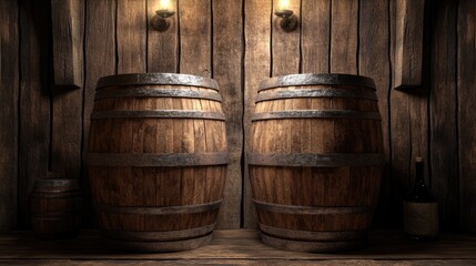 Two wooden barrels set against a rustic wooden backdrop in a wine cellar