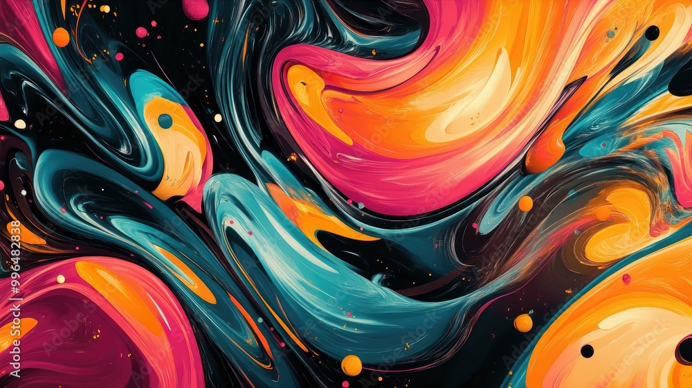 Poster swirling abstract pattern with bright colors and dynamic shapes, creating a sense of motion and ener