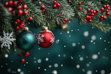 Fototapeta premium Festive Christmas Background with Ornaments, Snowflakes, and Pine Branches