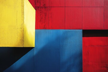 Naklejka premium Colorful abstract geometric artwork with yellow, red, and blue shapes creating a vibrant and dynamic visual composition.