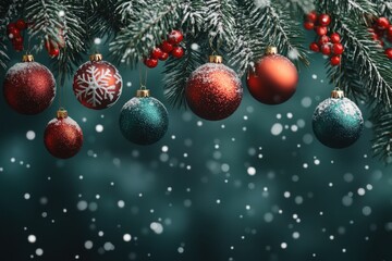 Fototapeta premium Festive Christmas Background with Ornaments, Snowflakes, and Pine Branches