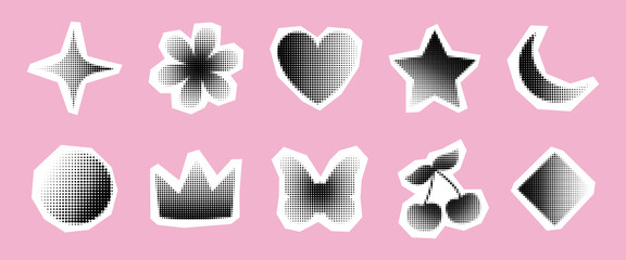 Futuristic sticker pack of abstract y2k shapes. Retro heart symbol, flower, butterfly, moon  figures with halftone effect. Dotted illustration for cut-out, collage design. Vector