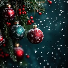 Fototapeta premium Festive Christmas Background with Ornaments, Snowflakes, and Pine Branches