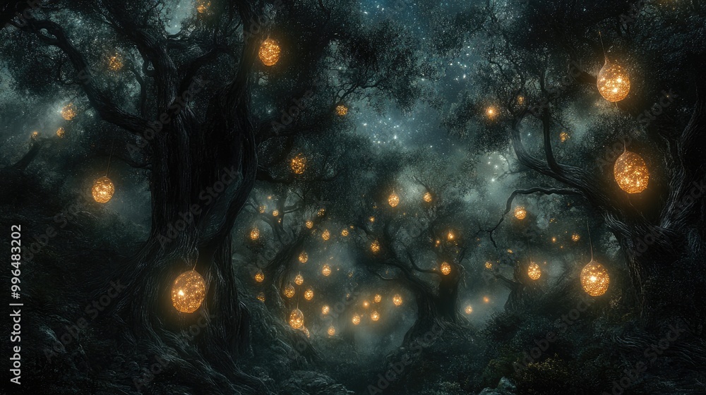Aufkleber a dim forest with gnarled trees is illuminated by enigmatic glowing orbs forming a haunting atmosphe