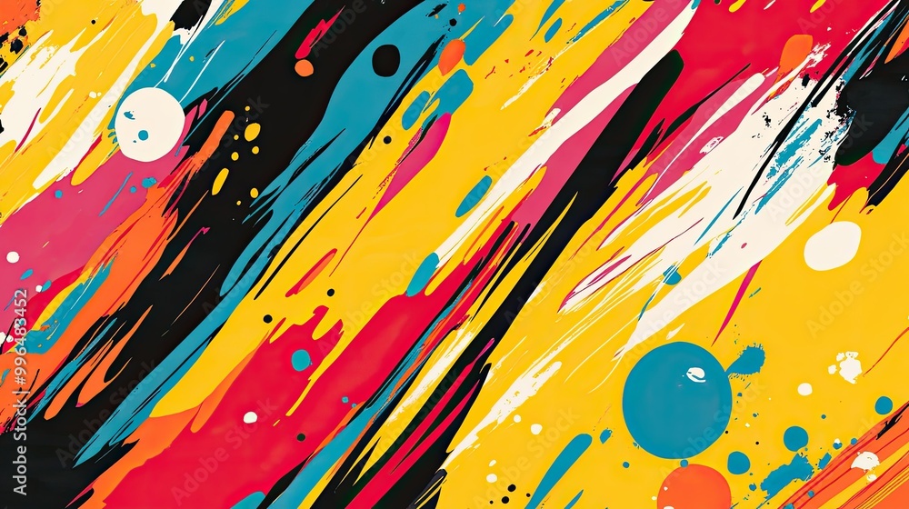 Poster vibrant abstract pattern with bold lines and splashes of color, dynamic and playful design.